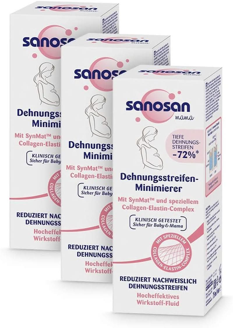 Sanosan Stretch Mark Minimizer, klinisch getestet – reduziert nachweislich Dehnungsstreifen nach der Schwangerschaft, ohne Paraffinöl, Farbstoffe, Silikone, 75 ml Kosmetik und Schönheit Naty Shop 3 Stück