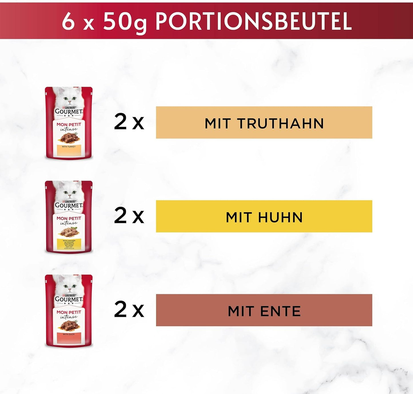 Gourmet Mon Petit Intense Nassfutter für Katzen, Geflügel-Sorte, 8er-Pack (8 x 6 Beutel à 50 g)