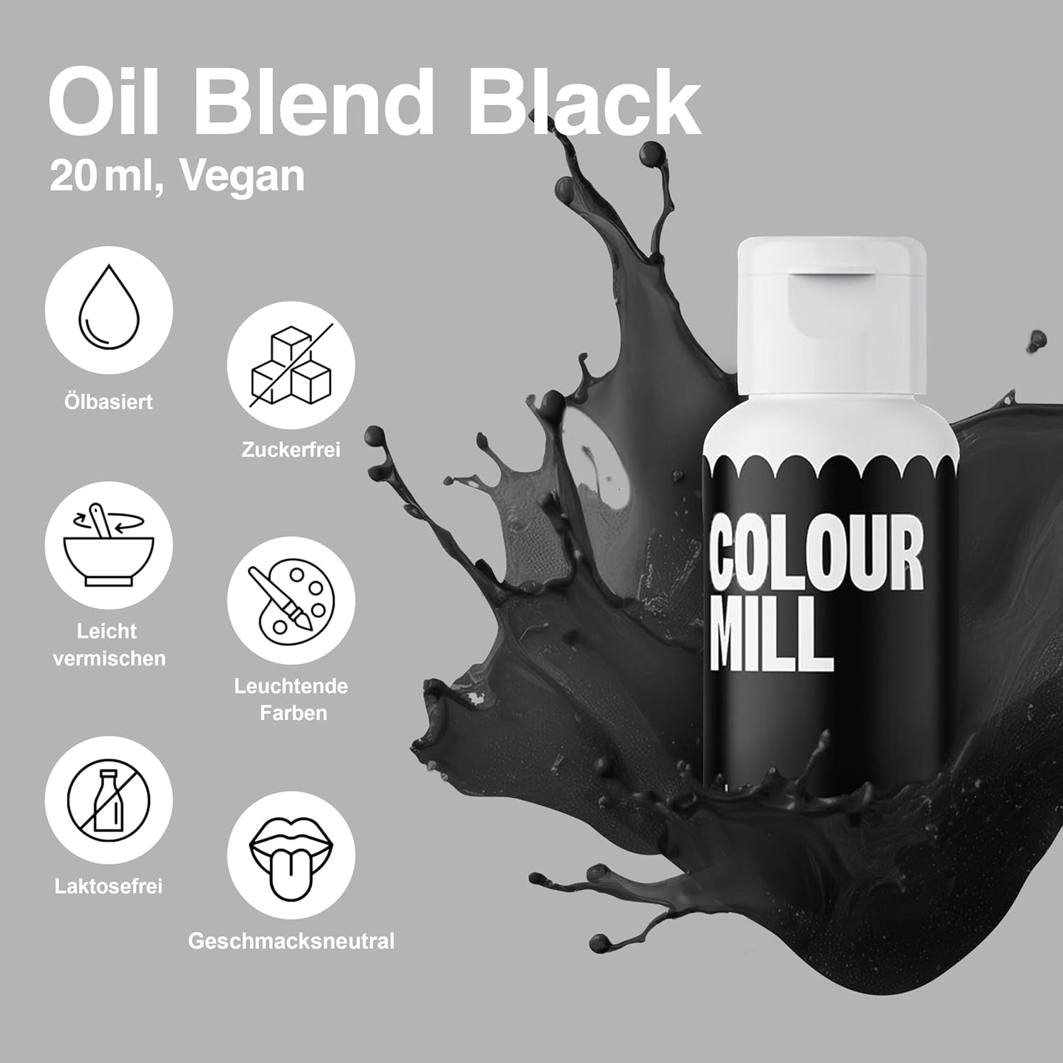 Color Mill Flüssiges Lebensmittelfarben-Set – 5 x 20 ml auf Ölbasis (Schwarz, Pink, Lila, Rot und Blau) – UV-beständig – perfekt zum Backen und als Belag für Kuchen, Muffins und Kuchendekorationen