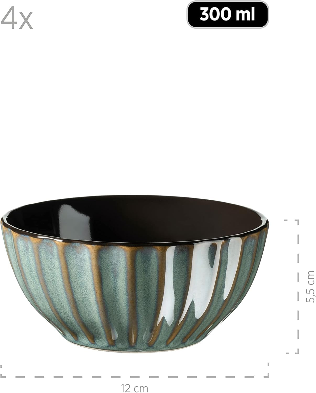 MÄSER 931966 Tafelservice der Confino-Serie für 4 Personen, moderner Vintage-Look, Frühstücksset aus Keramik, 12-teilig, Petrol mit schwarzen Akzenten, Steingut