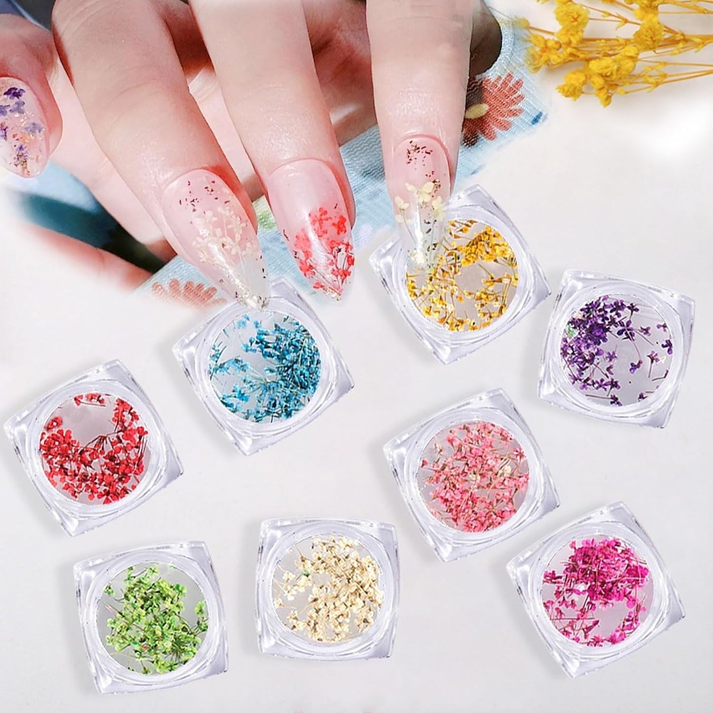 Getrocknete Blumen für Nägel, 8 Gläser, 3D-getrocknete Blumen für Nägel, natürliche bunte Nagelaufkleber, getrocknete Blumen, Nagelzubehör für Nageldekoration, DIY-Handwerk