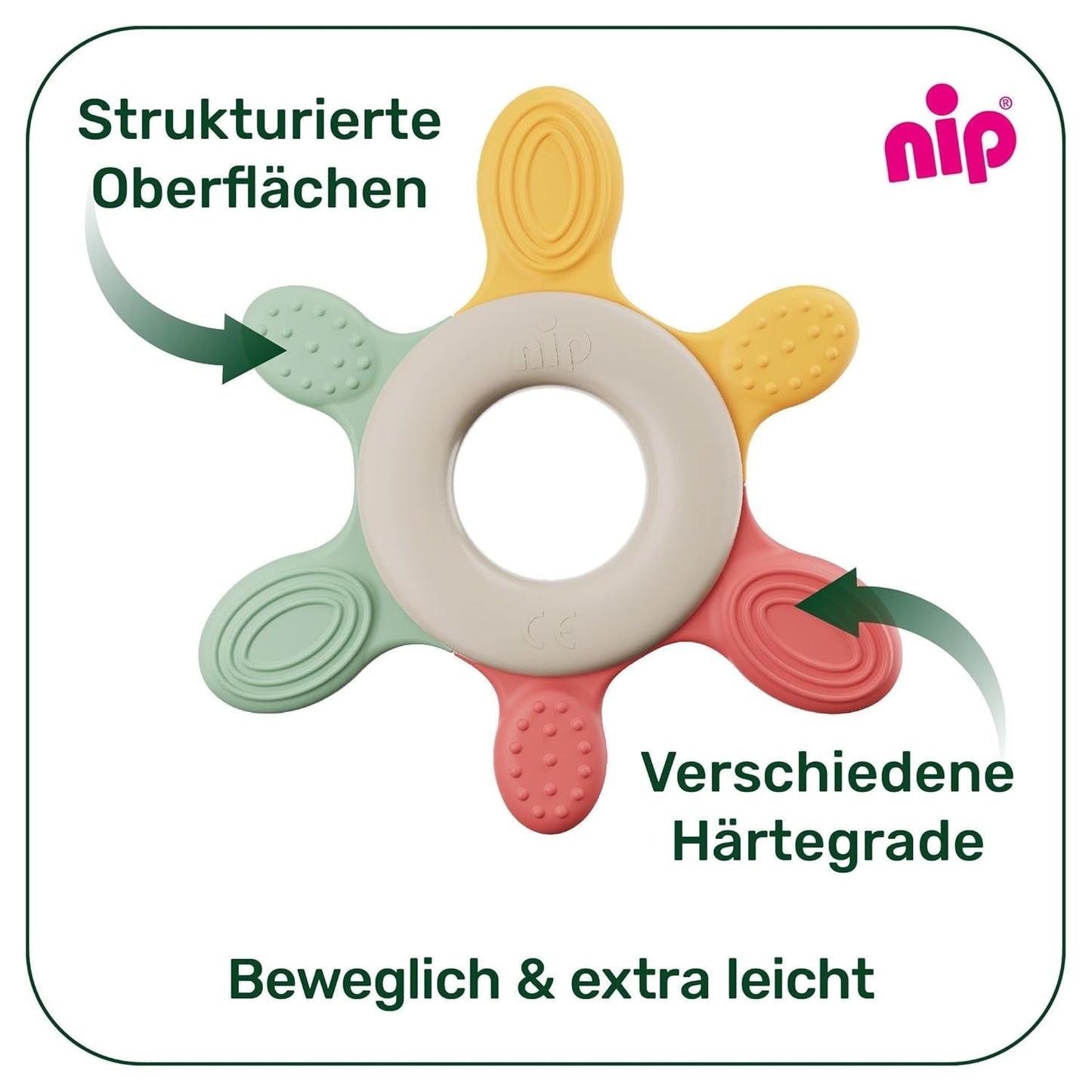 nip – Beißring | Nachhaltiger Beißring für Babys ab 3 Monaten, hergestellt aus über 65 % natürlichen Rohstoffen. Zur sanften Massage von Zahnfleisch, Zunge und Zähnen | Rot/Grün/Orange