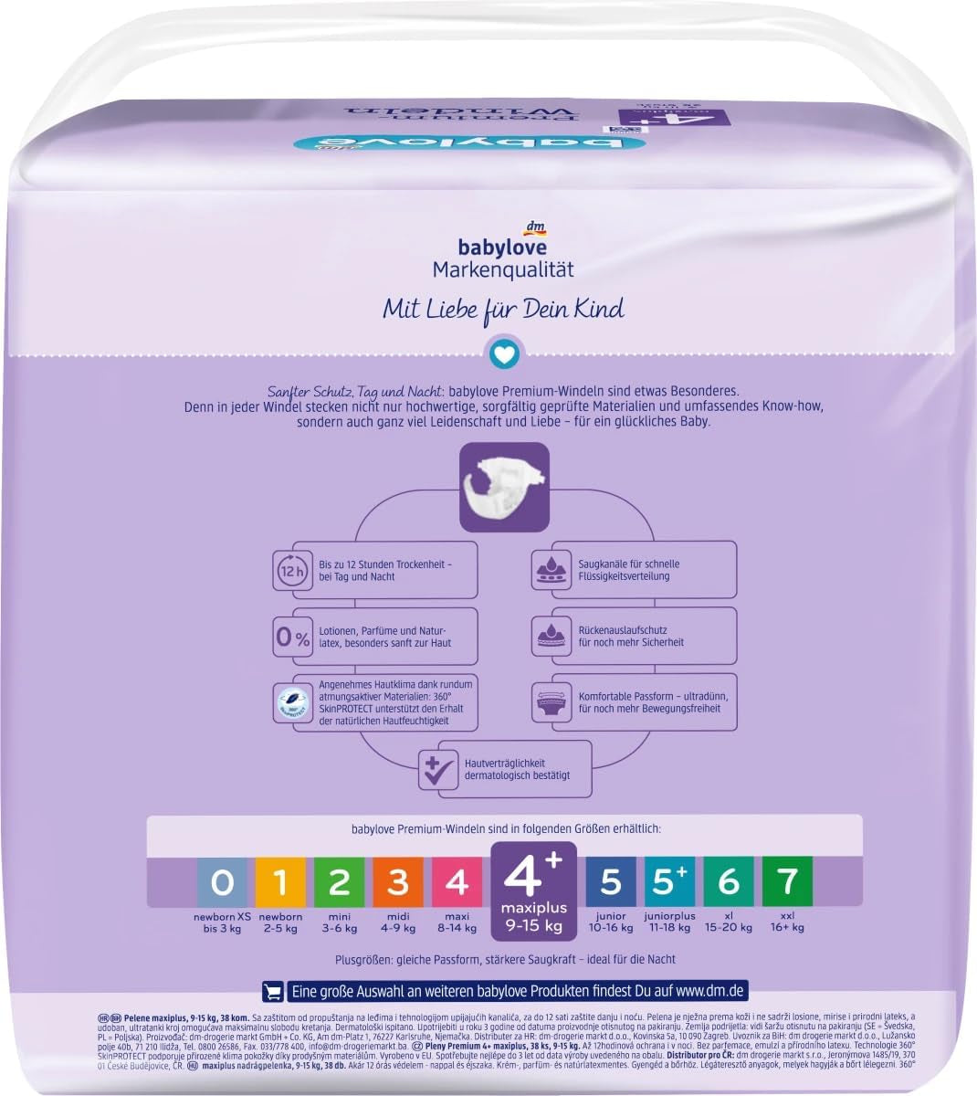 Premium Windeln Größe 4+, Maxi Plus 9-20 kg, 1 x 38 Stk