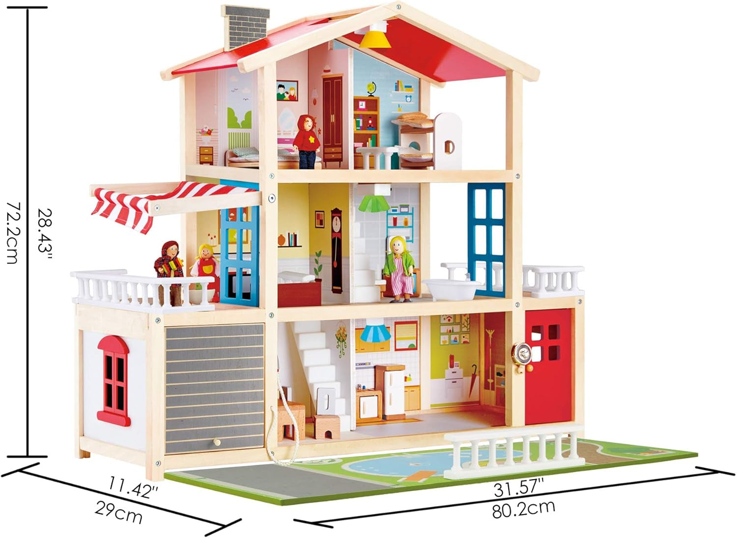 E3405 – Puppenhaus, Puppenhaus mit Zubehör, Holz und E3475 – Puppenhauszubehör, Familienauto