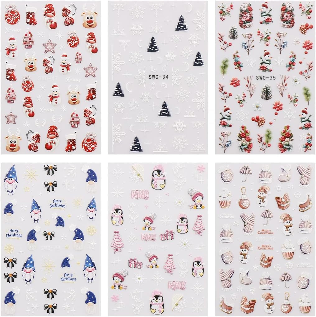 JMEOWIO Nagelsticker Weihnachten 6 Blatt Nail Art Sticker Selbstklebend Nagelaufkleber Schneeflocke Winterurlaub Niedliche Dekoration Nageldesign Zubehör