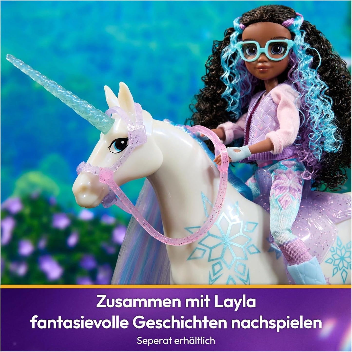 Unicorn Academy Unicorn Glacier – 28 cm groß, Laylas Original-Netflix-Einhorn mit echter Mähne und Schweif, abnehmbarem Zaumzeug, Sattel und Bürste, für Kinder ab 4 Jahren