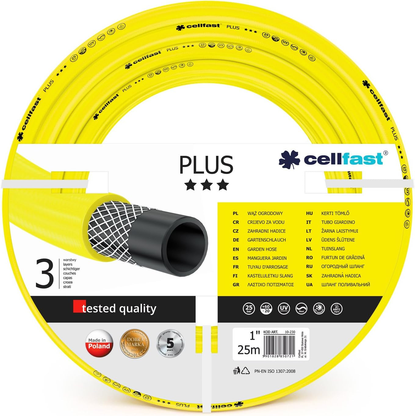 CELLFAST Gartenschlauch 3,4 Zoll 3-lagiger Wasserschlauch Garten Flexibler Bewässerungsschlauch mit langlebiger Drahtverstärkung UV-beständig Anti-Algen 25 Bar 50 Meter und mehr