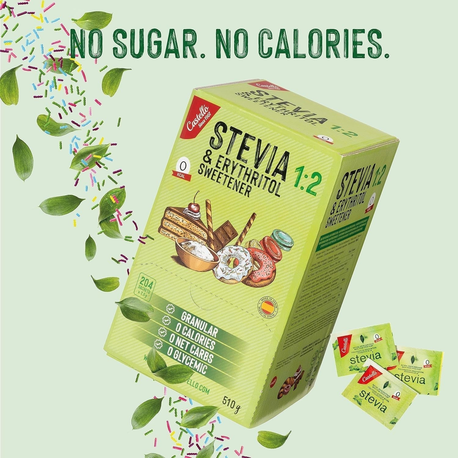 Stevia + Erythritol 1:2 Süßstoff | 204 Mythosbeutel 2,5 G | 100% Natürlicher Zuckerersatz - 0 Kalorien - 0 Glykämischer Index - Keto Und Paleo - 0 Kohlenhydrate - Kein GVO - Castello seit 1907-510 G Sweeteners Naty Shop