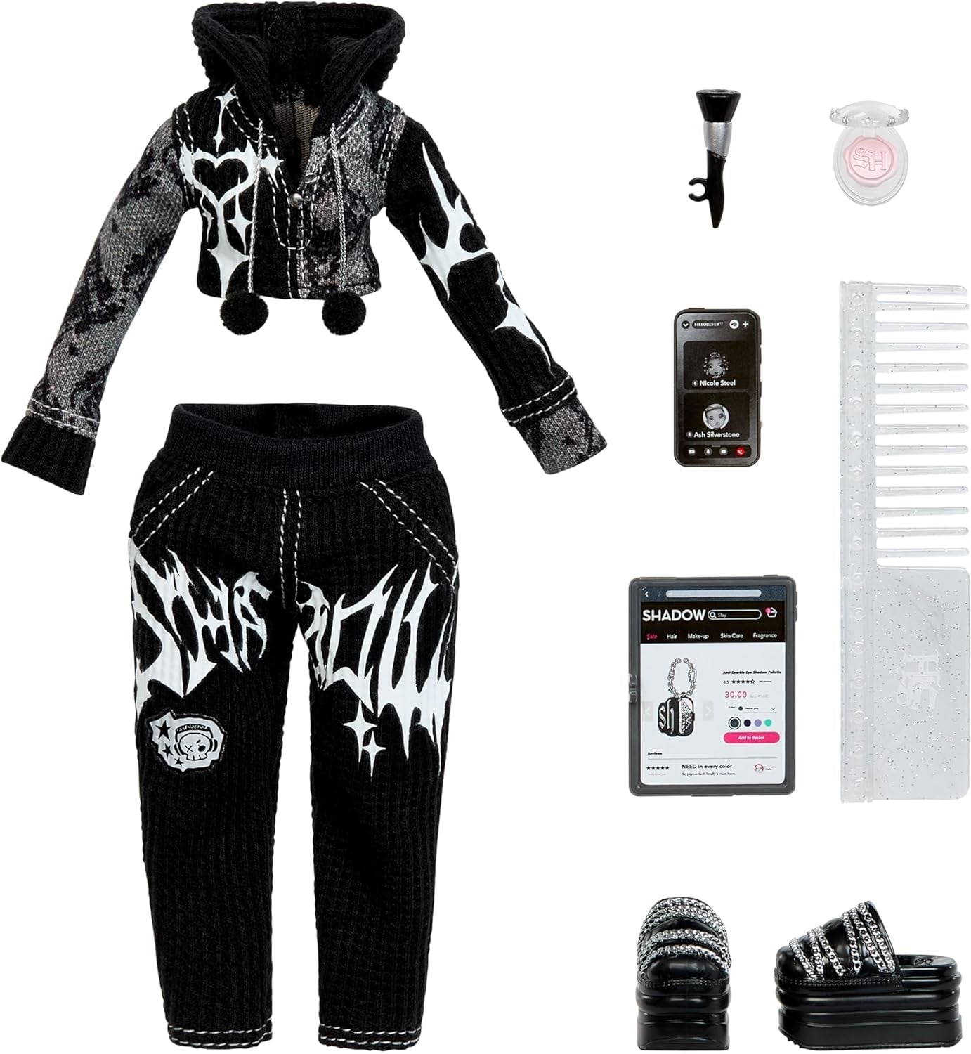 Girls Night Rainbow High Shadow High – Heather Grayson – 28 cm große Modepuppe in Grautönen, schwarzen und weißen Haaren und Outfit mit Accessoires und Kamm – Für Sammler und Kinder ab 6 Jahren