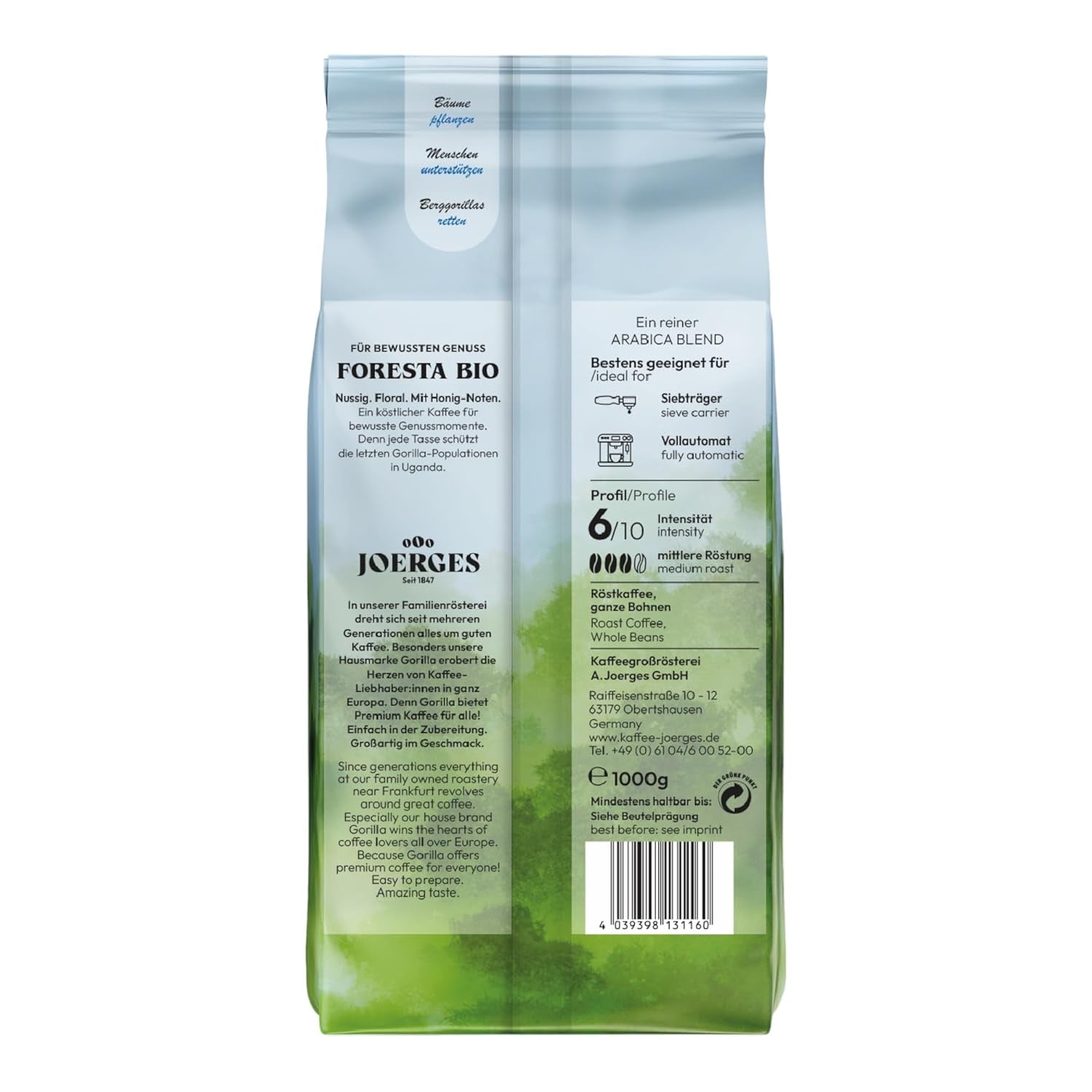 Gorilla Foresta Kaffee 6 x 1000g ganze geröstete Bohnen | Arabica-Mischung | Siebträger und Espressovollautomaten | Espressokaffee