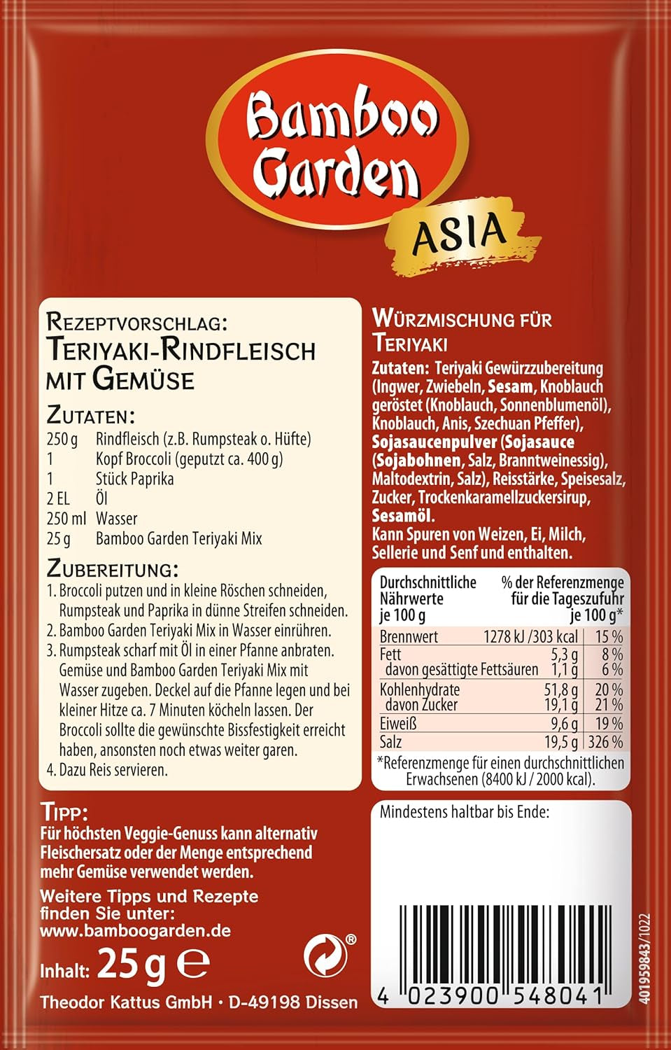 Bamboo Garden - Teriyaki Seasoning Mix, Gewürzmischung für Teriyaki, Für 4 Portionen, Ohne Geschmacksverstärker und Konservierungsstoffe, 1 x 25 g (Verpackungsdesign kann abweichen)