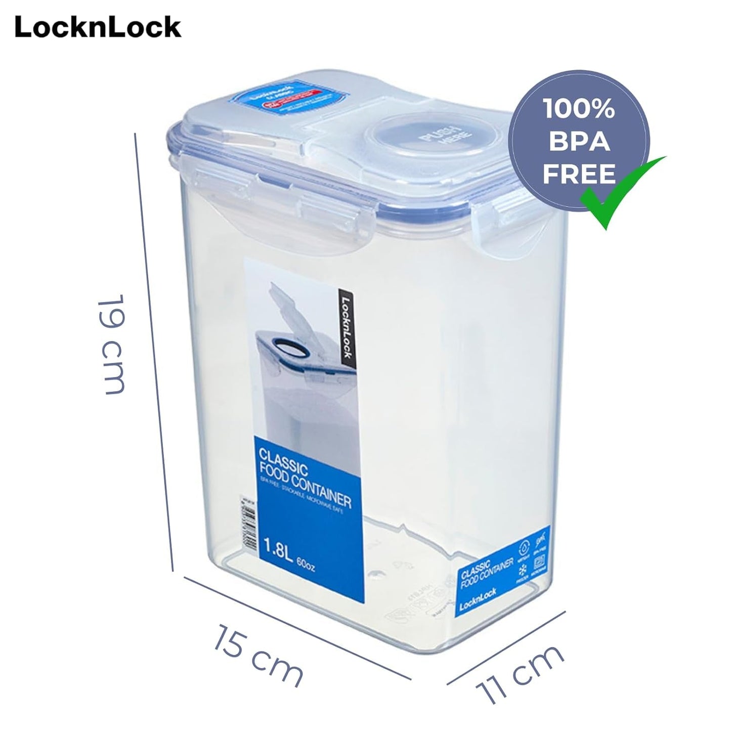 LocknLock PP Classic Großbehälter 1,8L | 15,1 x 10,8 x 19 cm | 100 % versiegelte Aufbewahrungsbox | Futterspender für Müsli oder Essen | BPA-freier und spülmaschinenfester Aufbewahrungsbehälter für Lebensmittel von Naty Shop