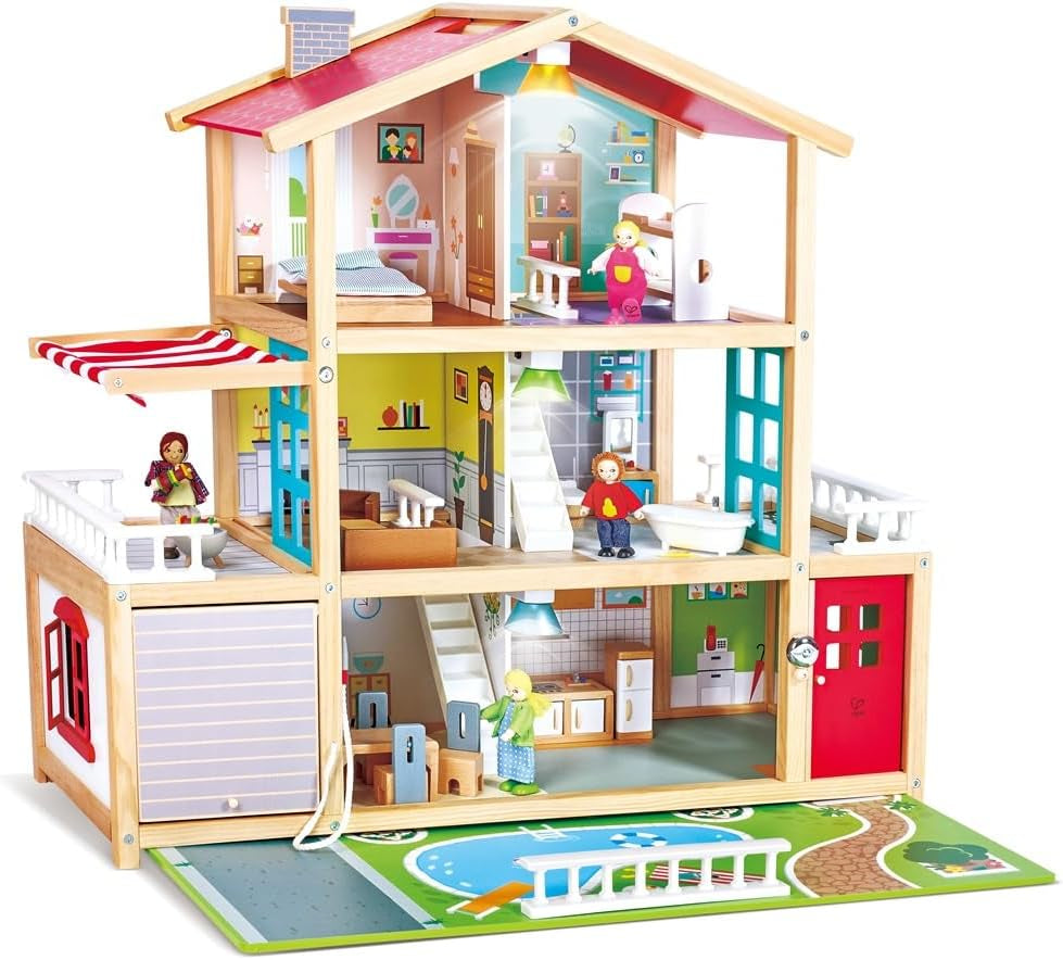 Hape Puppenvilla, 10-Zimmer-Puppenhaus aus Holz, kreatives Rollenspiel inklusive Möbel und Zubehör, Lernspielzeug für Kinder ab 3 Jahren