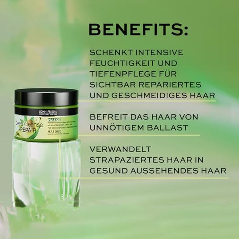 John Frieda - Deep Cleanse & Repair Mask / Treatment - Inhalt: 250 ml - Mit Hanfsamenöl + pflegender Avocado - Beruhigende Haarmaske für strapaziertes Haar Naty Shop Haarmaske