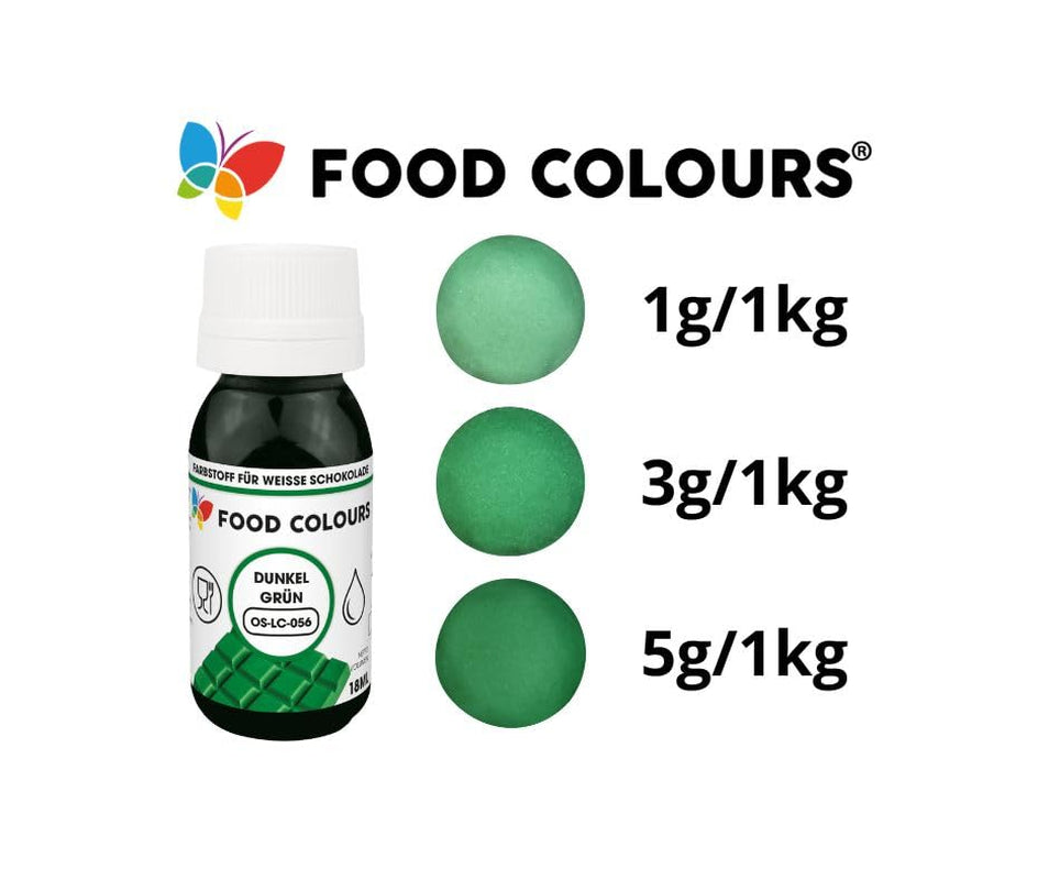 Lebensmittelfarbe OS-LC DUNKELGRÜN 18 ml Lebensmittelfarbe für weiße Schokolade, Pralinen, Cremes, Fettgebäck, Dekorationen für Kuchen und Torten