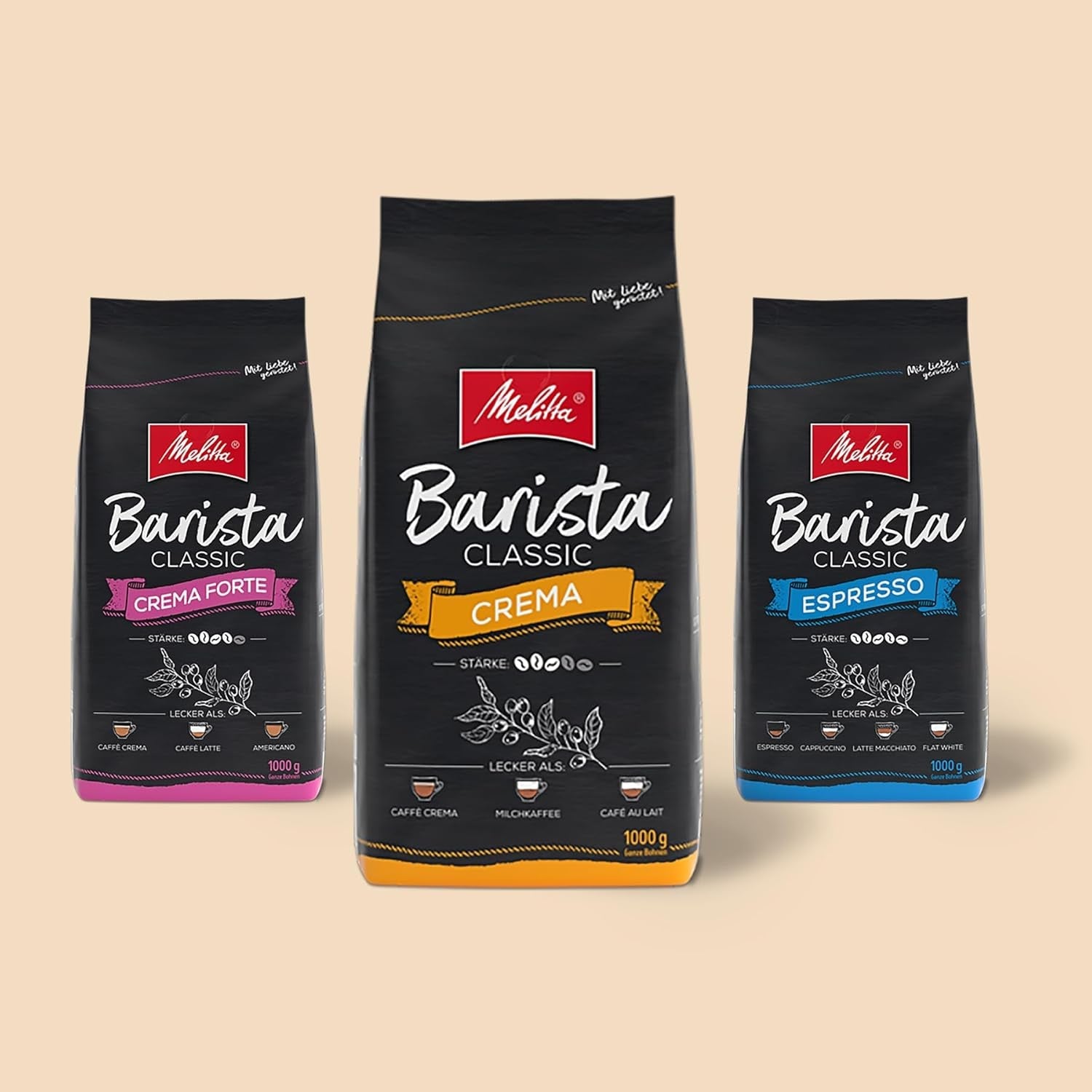 Melitta Barista Classic Crema Forte, Whole Kaffee-Bohnen 1kg, ungemahlen, Kaffeebohnen für Kaffee-Vollautomat, kräftige Röstung, Stärke 4