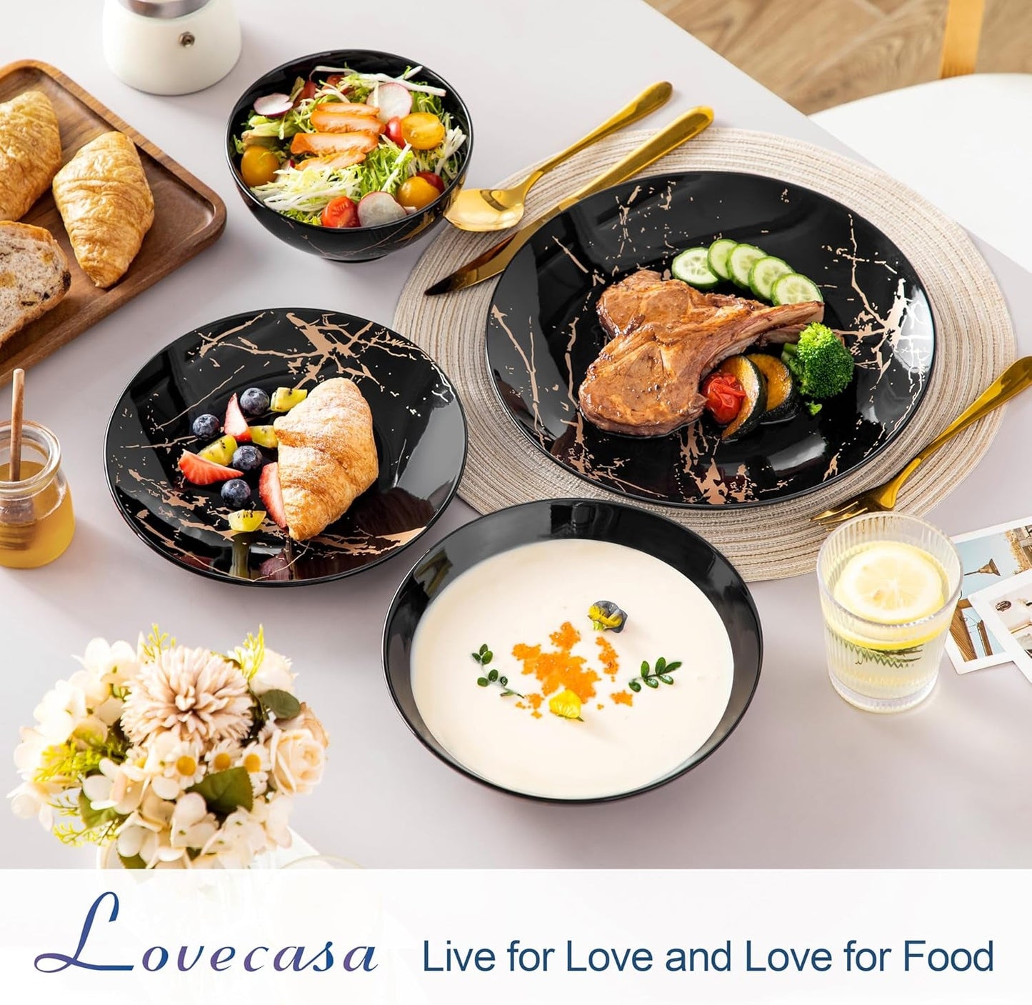 LOVECASA Daphne-Serie Porzellan-Geschirrset SWEET, 24-teiliges Kombinationsset, goldene Design-Speiseteller, Dessertteller, Müslischalen und Speiseteller für 6 Personen