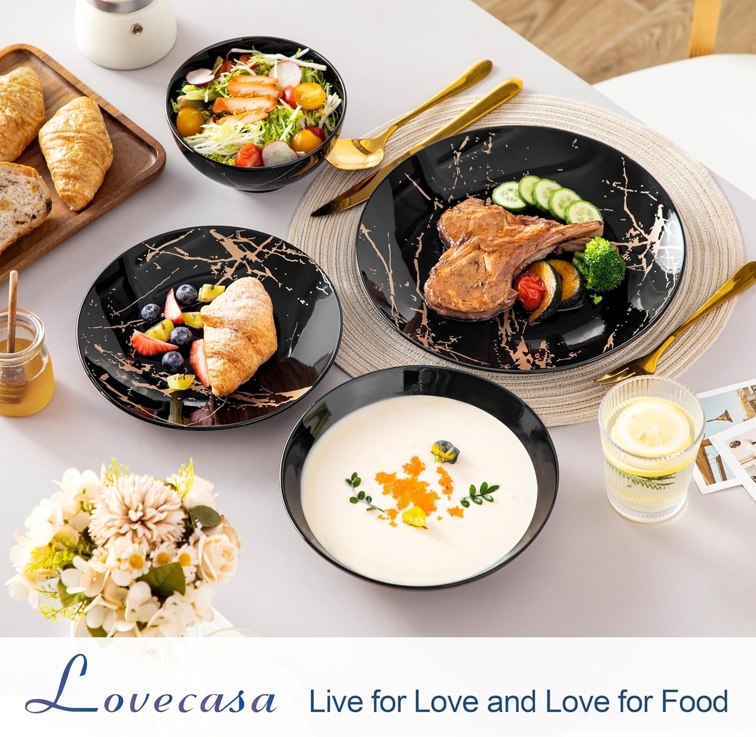 LOVECASA Daphne-Serie Porzellan-Geschirrset SWEET, 24-teiliges Kombinationsset, goldene Design-Speiseteller, Dessertteller, Müslischalen und Speiseteller für 6 Personen