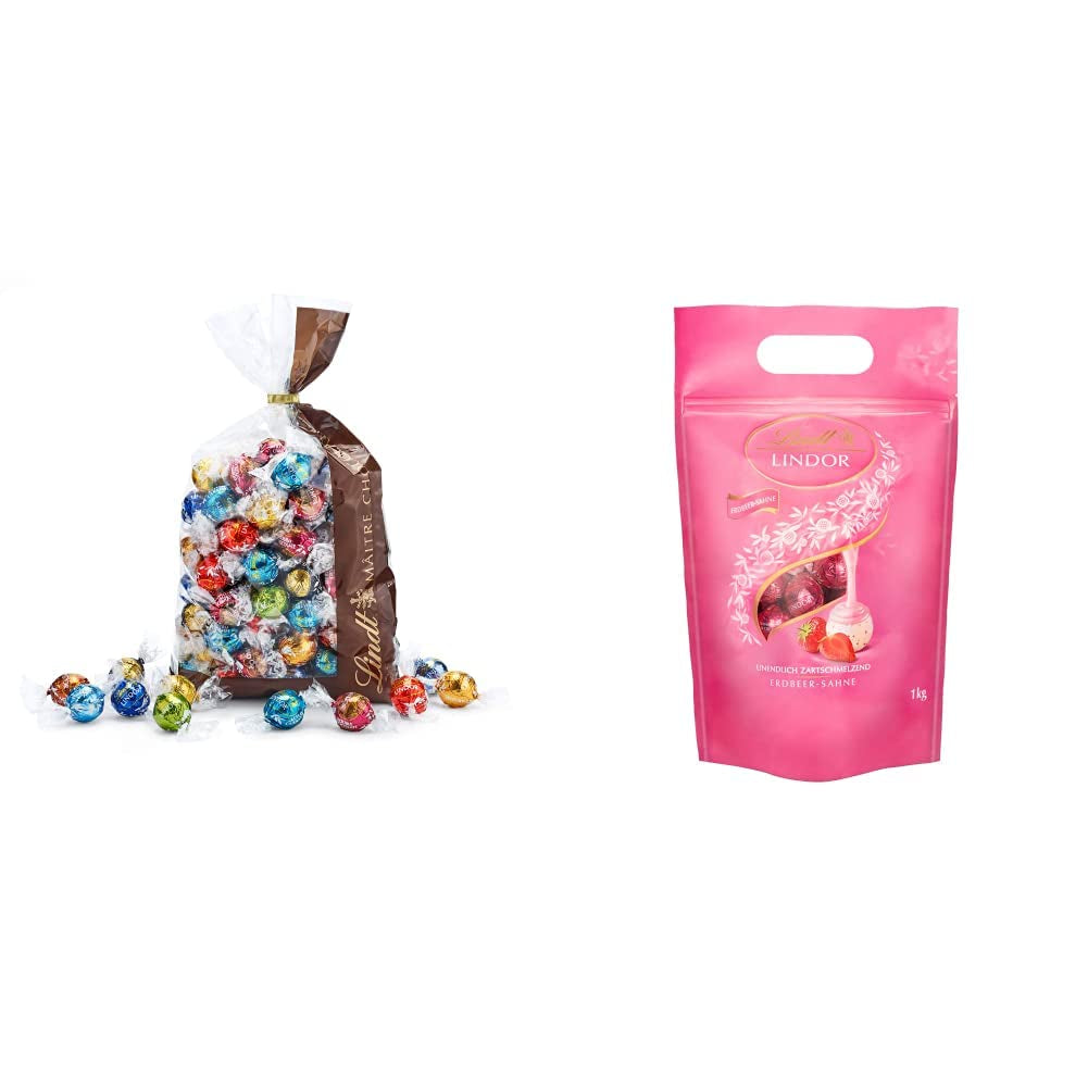 Schokoladenmischung LINDOR | 1371 g | Ca. 109 Kugeln: Milchschokolade und LINDOR-Kugeln mit Erdbeercreme | 1 kg Beutel, ca. 80 Schokokugeln weiße Schokolade mit Erdbeercreme