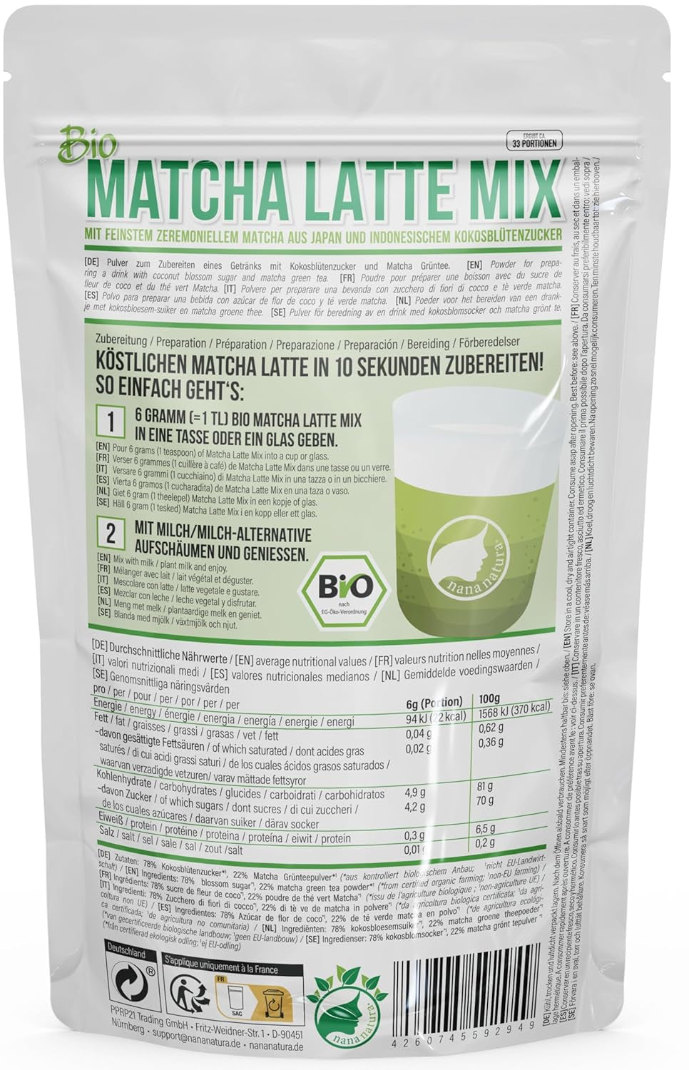 Nananaturas Bio-Matcha-Latte-Mischung mit 22 % Grüntee-Pulver in Zeremonienqualität aus Japan | Für einen einfachen und köstlichen Teegenuss | Auch für Eis und Gebäck geeignet