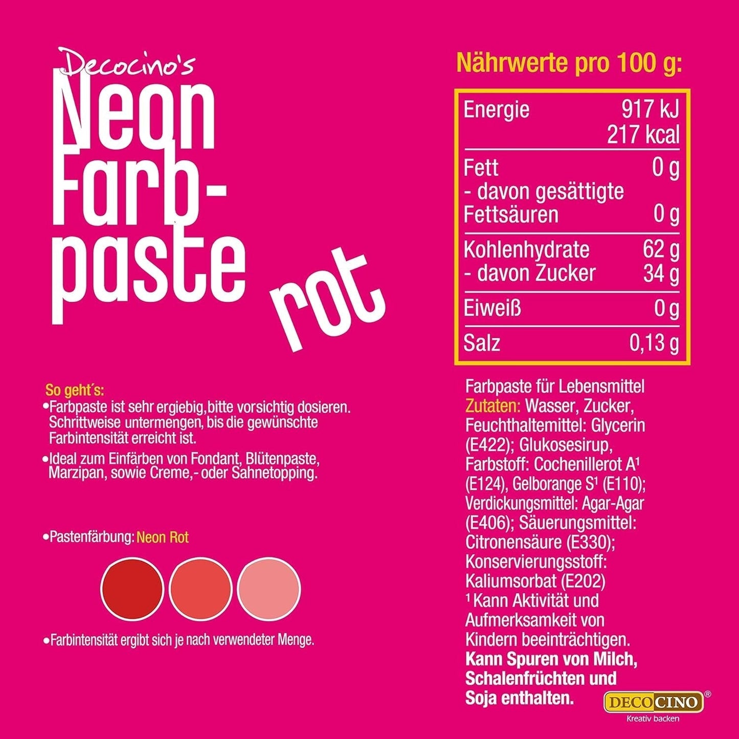 Decocino Neon Lebensmittelpaste Rot – Hochdosierte Lebensmittelfarbe – Zum Einfärben von Kuchen, Muffins, Cupcakes – Geschmacksneutral