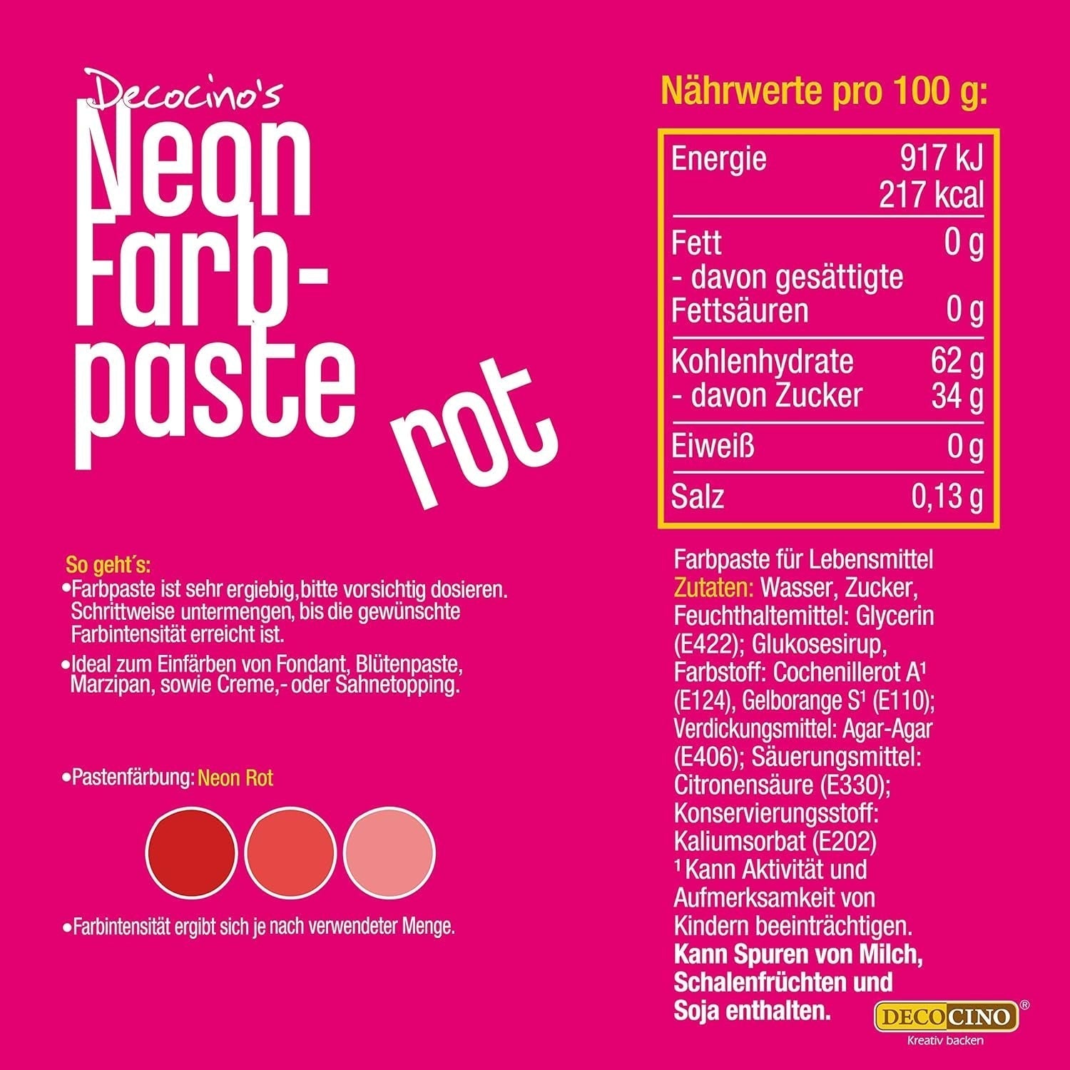 Decocino Neon Lebensmittelpaste Rot – Hochdosierte Lebensmittelfarbe – Zum Einfärben von Kuchen, Muffins, Cupcakes – Geschmacksneutral