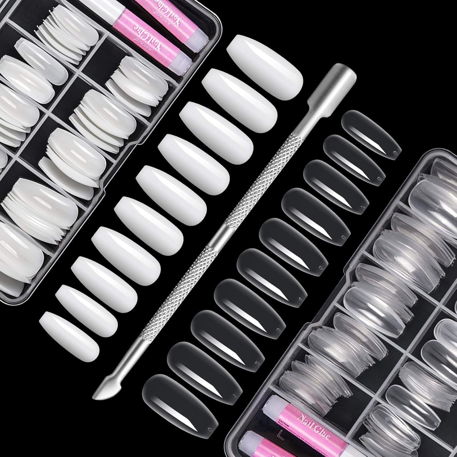 200 Stück künstliche Nagelspitzen, 10 Größen, Acryl, künstliche Nägel mit Nagelhautschieber und transparenter Box für Frauen und Mädchen (natürlich und transparent)