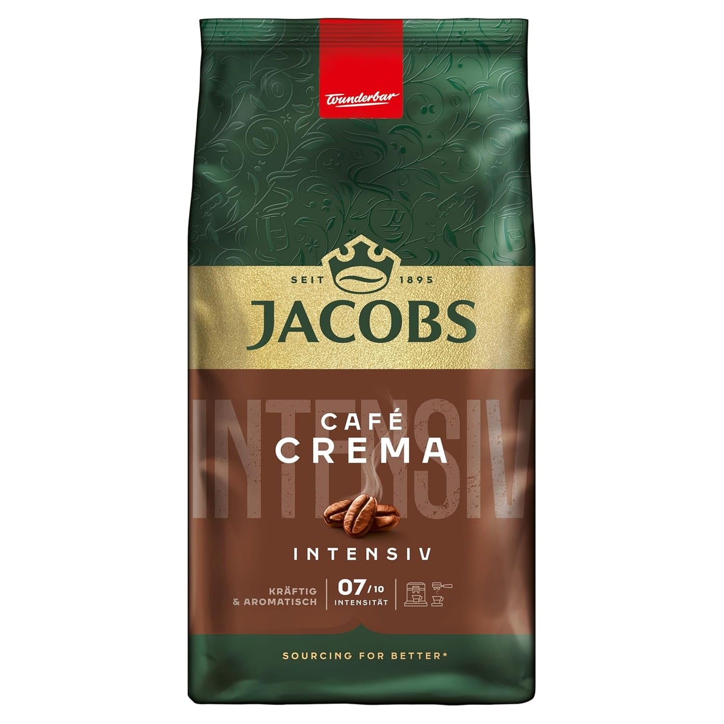 Jacobs Café Crema Gold Kaffeebohnen 1Kg – Vollmundig, Aromatisch, Fruchtige Noten, Arabica & Robusta Bohnen, Intensität 5/10, Ideal Für Café Crema Naty Shop Café Crema Intensiv 1 Kg