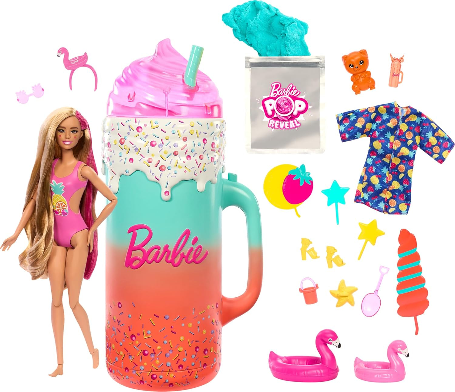 BARBIE Pop Reveal Rise & Surprise Geschenkset – 15+ Überraschungen, darunter 1 Barbie-Puppe, Strandzubehör für spielerischen und fruchtigen Spaß für Kinder ab 3 Jahren, 57 HRK