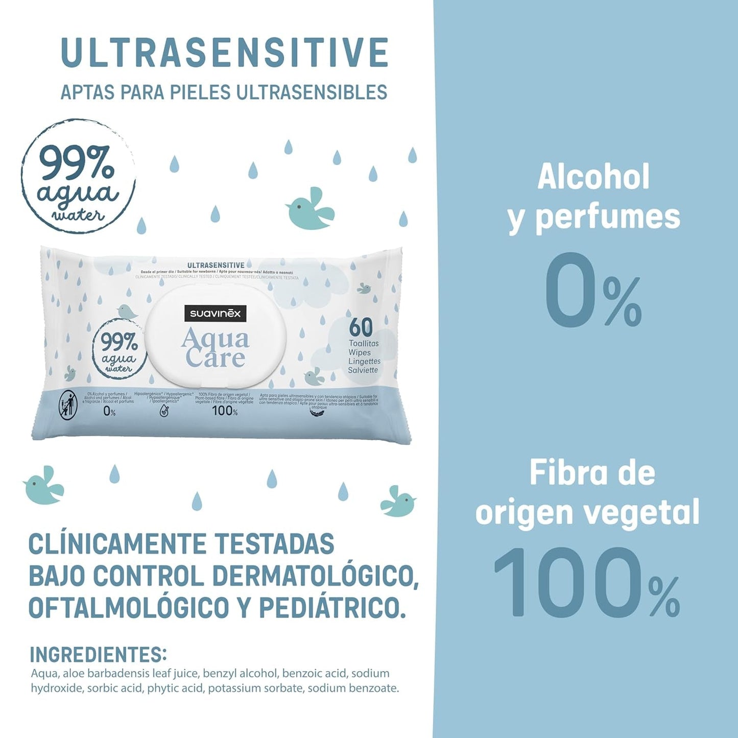 Suavinex Aqua Care Baby-Feuchttücher, 60 Stück, Reinigungstücher, 99 % Wasser, Pflanzenfaser, Aloe Vera, parfümfrei, alkoholfrei, dermatologisch getestet, geeignet für empfindliche Haut