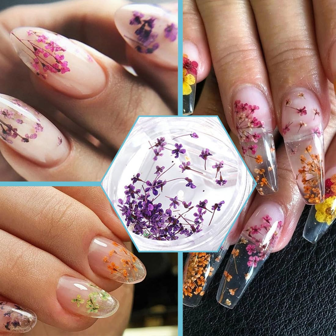 EYVRPAU 6 Stück Nail Art Flowers Set Dekoration, Gelnägel Zubehör 6 Farben, Nail Art Aufkleber Trockene Blumen Kit Getrocknete Blumen Zubehör Set DIY Nageldekoration