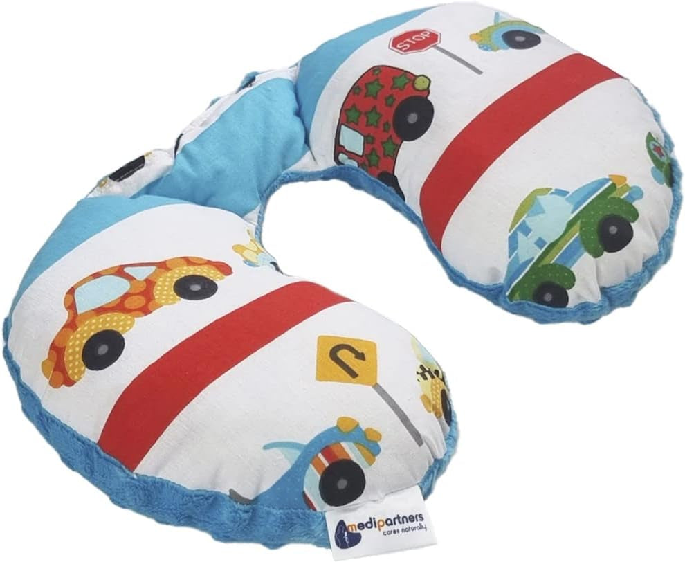 Medi Partners Baby-Nackenkissen Nackenstütze 100 % Baumwolle / Minky Baby-Nackenkissen für Auto, Kinderwagen, Reisen, Reisen, Schlafen, Nackenkissen, Schlummerrolle (REH mit grauem Minky) Zervikale orthopädische Kissen Naty Shop Cars mit türkisem Minky