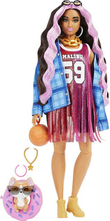 Barbie HDJ46 – Extra-Puppe im Kleid mit Basketball-Trikot und Zubehör, mit Corgi-Haustier, extra langem lockigem Haar mit rosa Streifen und flexiblen Gelenken, Geschenkspielzeug für Puppen ab 3 Jahren, Naty Shop Boots