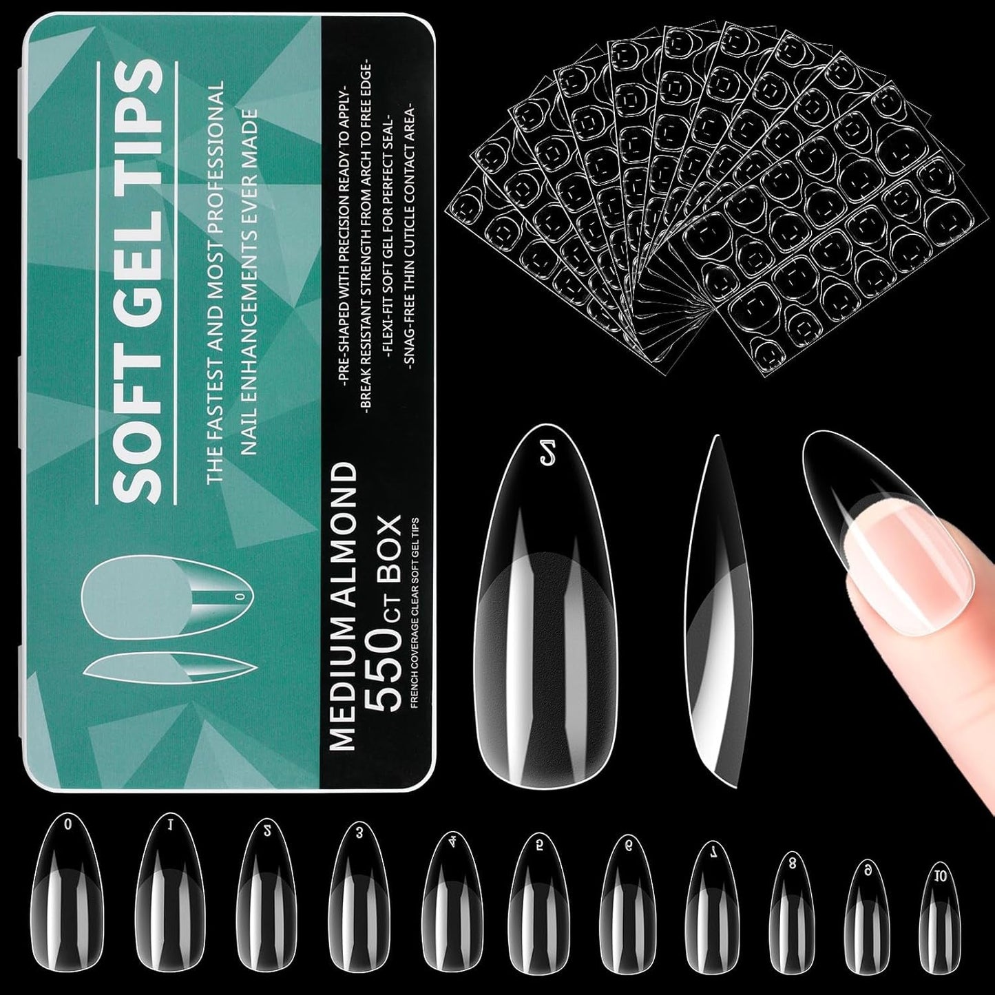 Alyvisun Ballett-Nagelspitzen, 500 Stück, vollständig abdeckende Acryl-Nagelspitzen mit 240 Stück Nagelaufkleber-Set, 10 Größen, transparente Gel-Nagelspitzen, weiche Gel-Nagelspitzen, Ballerina-Nagelspitzen