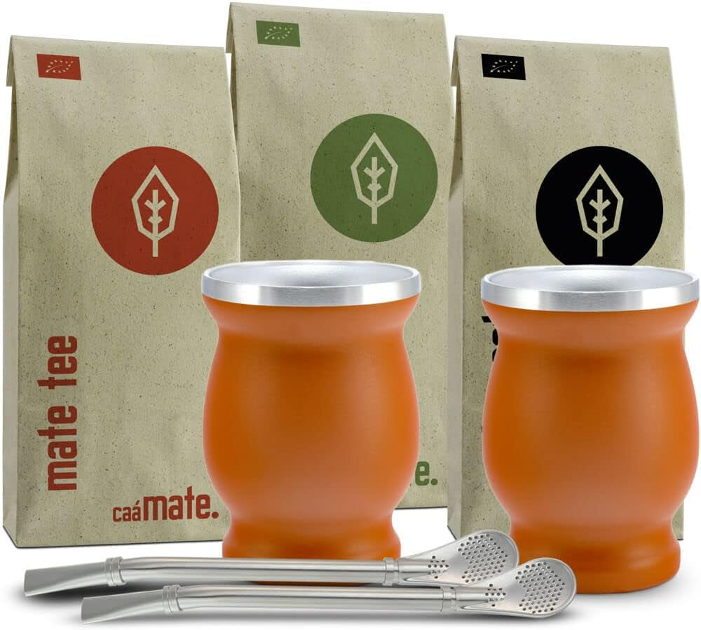 Mate Bio-Teeset ● 3 Mate-Sortimente + 2 doppelwandige Mate-Becher aus Edelstahl + 2 Bombillas + Zubereitungsanleitung (Schwarz)