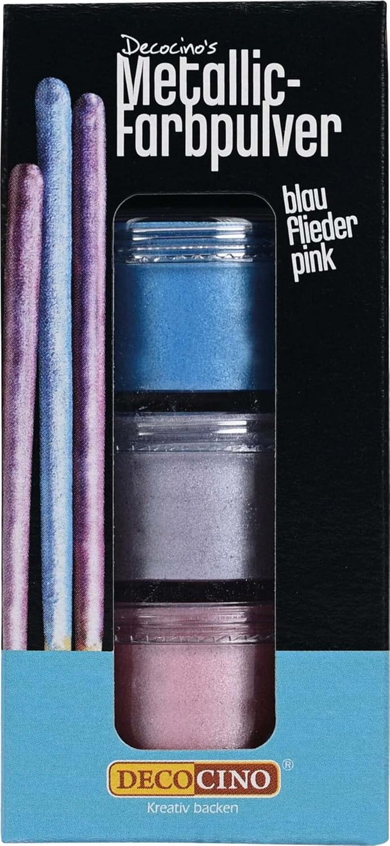 DECOCINO Metallic-Pastell-Farbpulver (3X2G) – Blau, Flieder und Rosa – Lebensmittelfarbpulver – Glitzerpulver geeignet für Fondant als Kuchendekoration und Kuchendekoration!