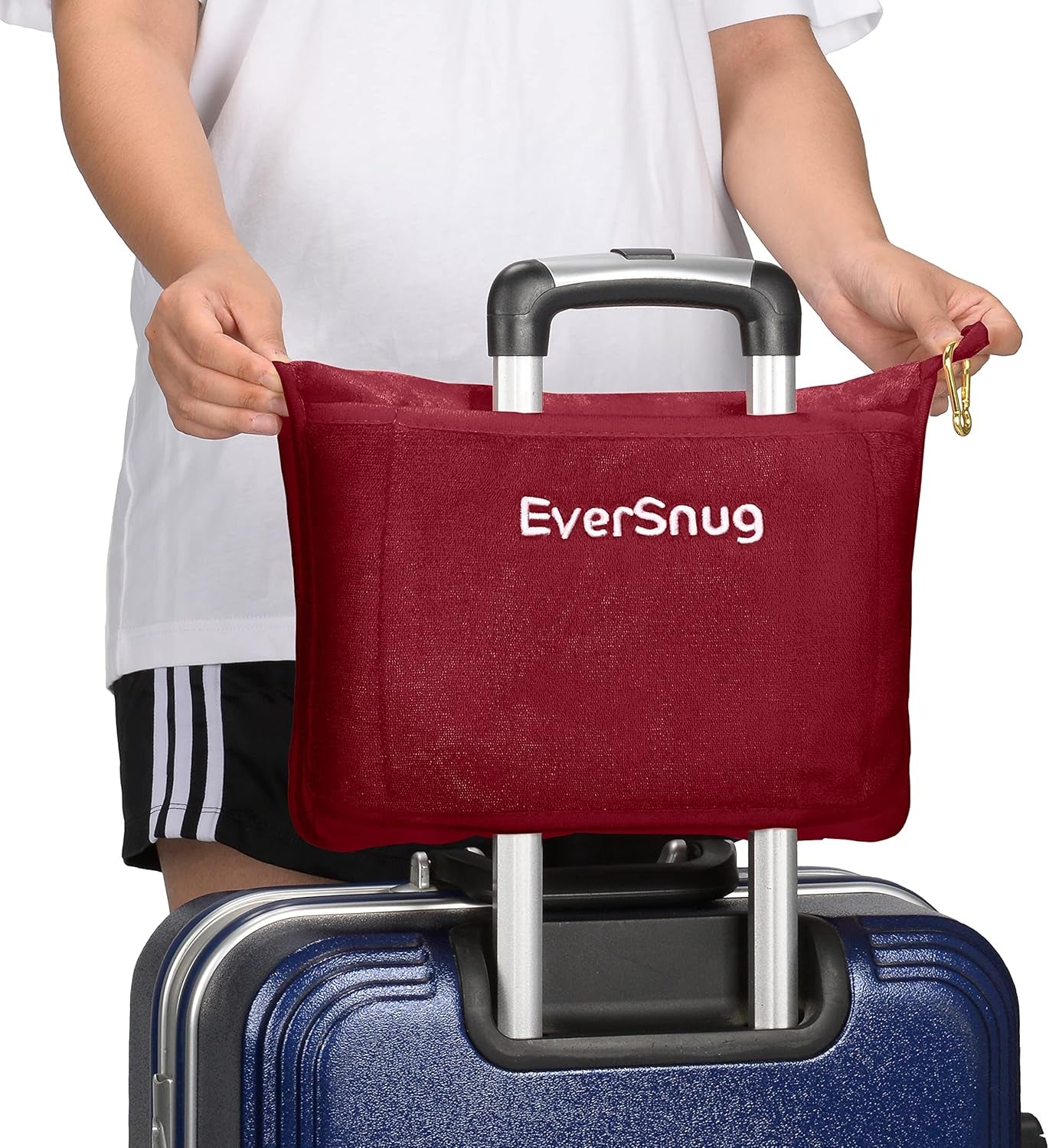 Eversnug Reisedecke und Kissen – weiche 2-in-1-Flugzeugdecke mit weichem Taschen-Kissenbezug, Handtaschenbezug und Rucksackhalter (Burgunderrot). Reisekissen Naty Shop
