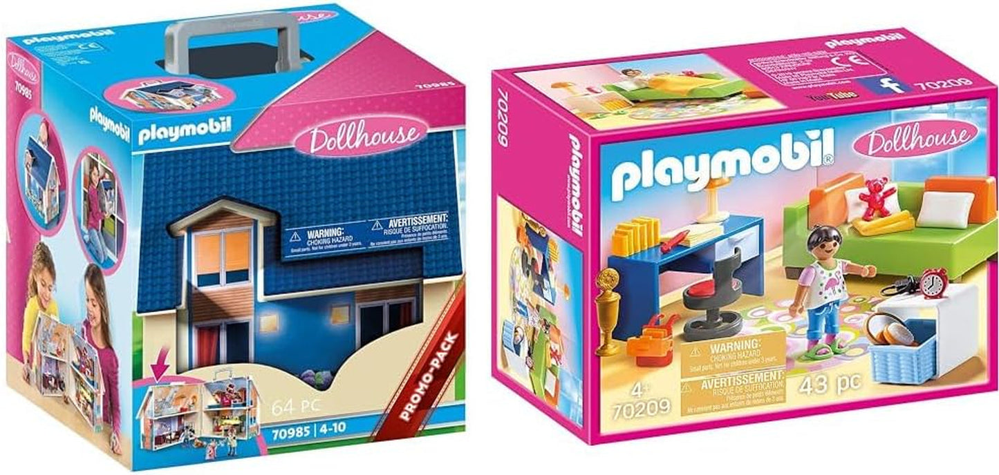 Puppenhaus 70985, zusammenklappbares Puppenhaus mit Griff, Spielzeug für Kinder ab 4 Jahren und Puppenhaus 70209, Jugendzimmer mit Mädchenfigur und Zubehör, ab 4 Jahren