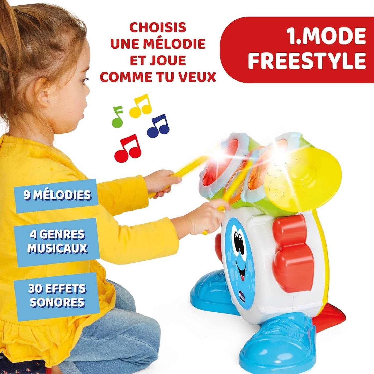 Chicco 00009820100000 Mi First Schlagzeug-Set mit Lichtern und Sounds, 3 Spielmodi, Musikinstrument mit Batterie für Kinder, mehrfarbig, groß, Jucarii Bebe Naty Shop