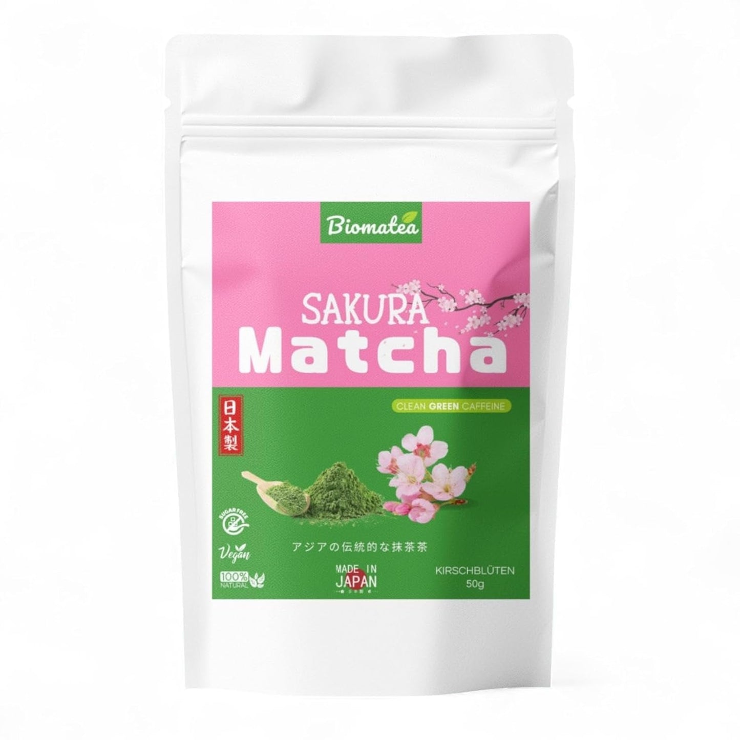 Sakura-Matcha-Tee 50 g – zeremonielle Qualität aus Japan – Premium-Grüntee mit Sakura-Blütenpulver – erste Ernte, Stein gemahlen, vegan, ohne Zusatzstoffe