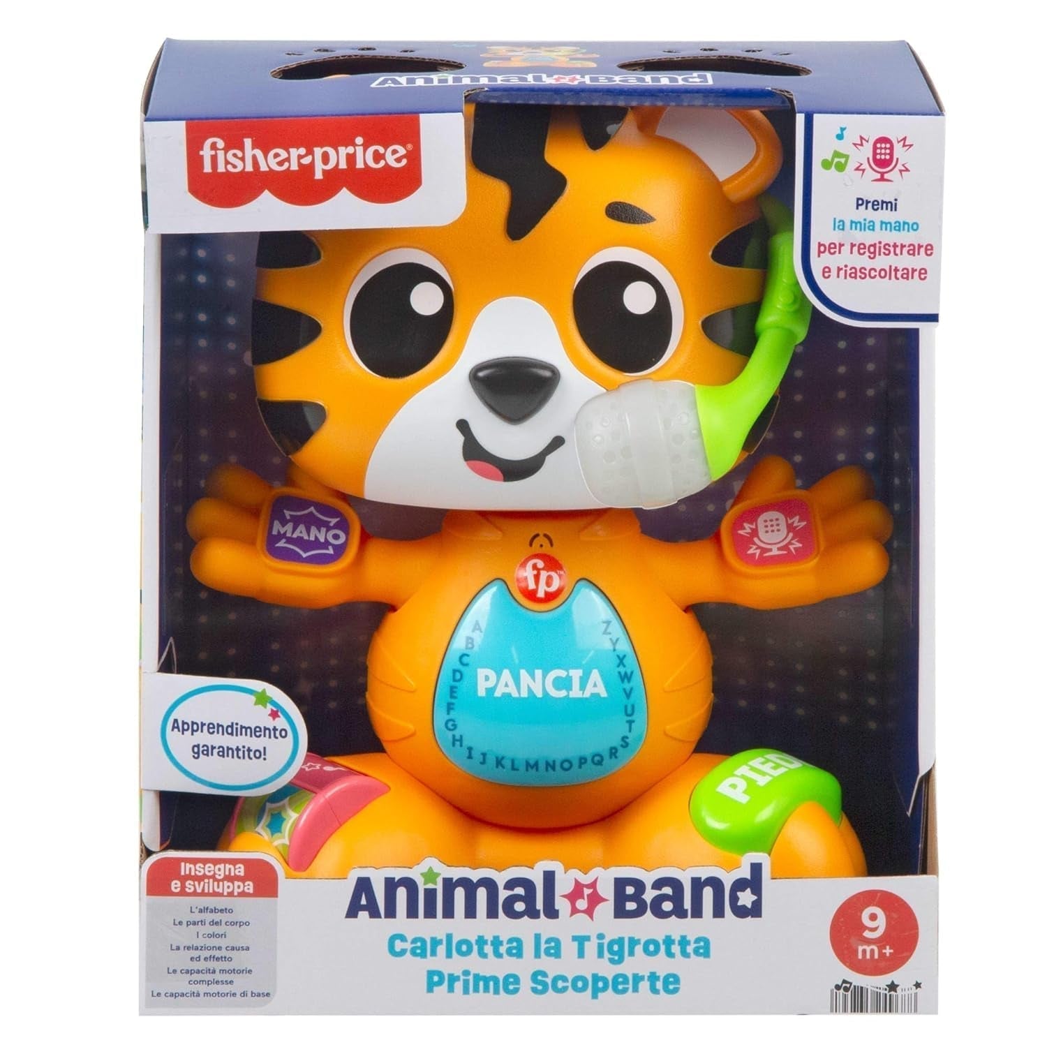 Fisher-Price Lernspielzeug für Babys und Kleinkinder, Beat Bande Learning & Dancing Tiger Justin mit Geräuschen und Lichtern für Babys ab 9 Monaten, italienische Version, HYL04 Babyspielzeug Naty Shop