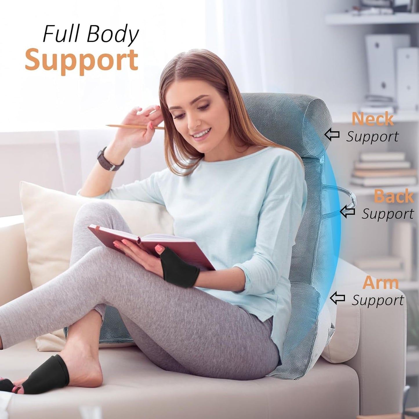 XL-Lesekissen für Bett und Sofa mit abnehmbarer Nackenrolle, ideales Rückenkissen für Erwachsene mit Memory-Schaum für bequemes Lesen, Arbeiten, Spielen, Fernsehen, Entspannen (Grau)