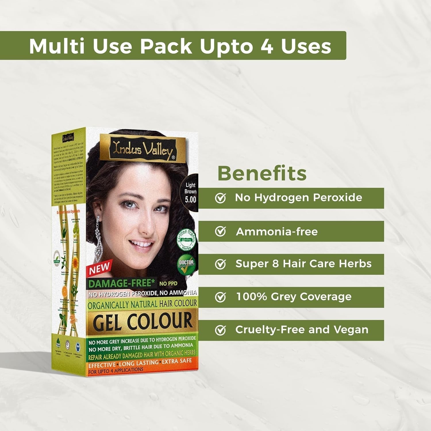 Indus Valley Natural Damage Free Gel-Haarfarbe | Ammoniakfrei, vegan und tierversuchsfrei | Bis zu 100 % Grauabdeckung, langanhaltende Ergebnisse | Helles Kastanienbraun 5,0 (20 Gramm + 200 ml) Naty Shop Haarfärbemittel