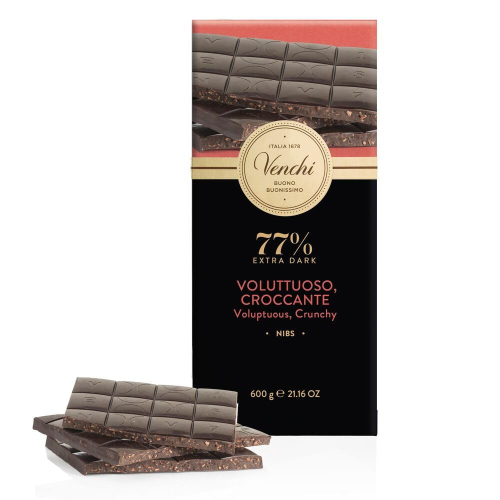 Venchi - Riegel Maxi 77 % Nibs, mit extra dunkler Schokolade, Kakaobohnenstückchen, 600 g, glutenfrei, ohne Farbstoffe und ohne Konservierungsstoffe