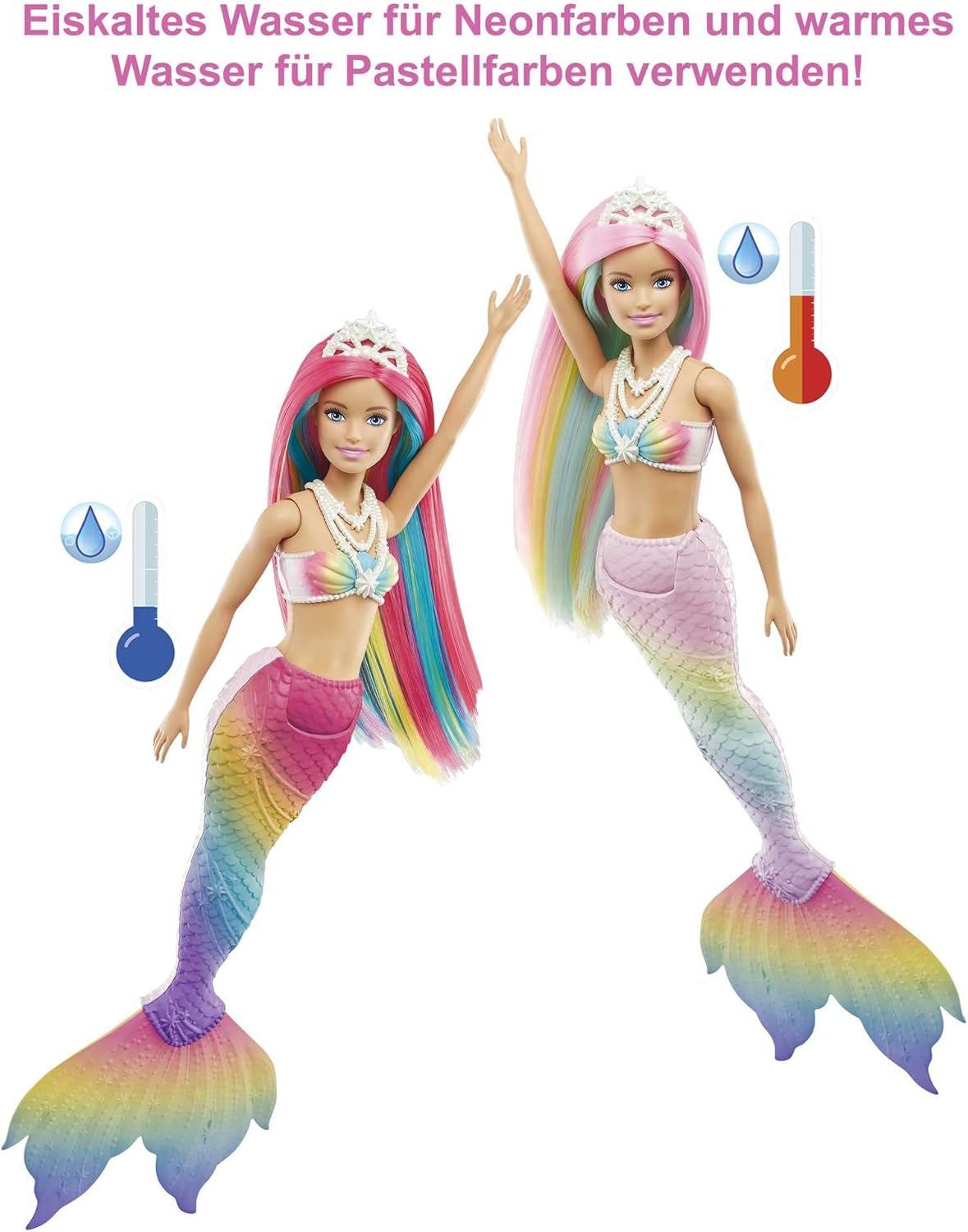 Barbie Dreamtopia Rainbow Magic Mermaid, Meerjungfrau-Barbie mit Regenbogenhaaren, farbwechselnde Puppe, wasseraktiviert, Spielzeug für Kinder ab 3 Jahren, Geschenk für Mädchen, GTF89