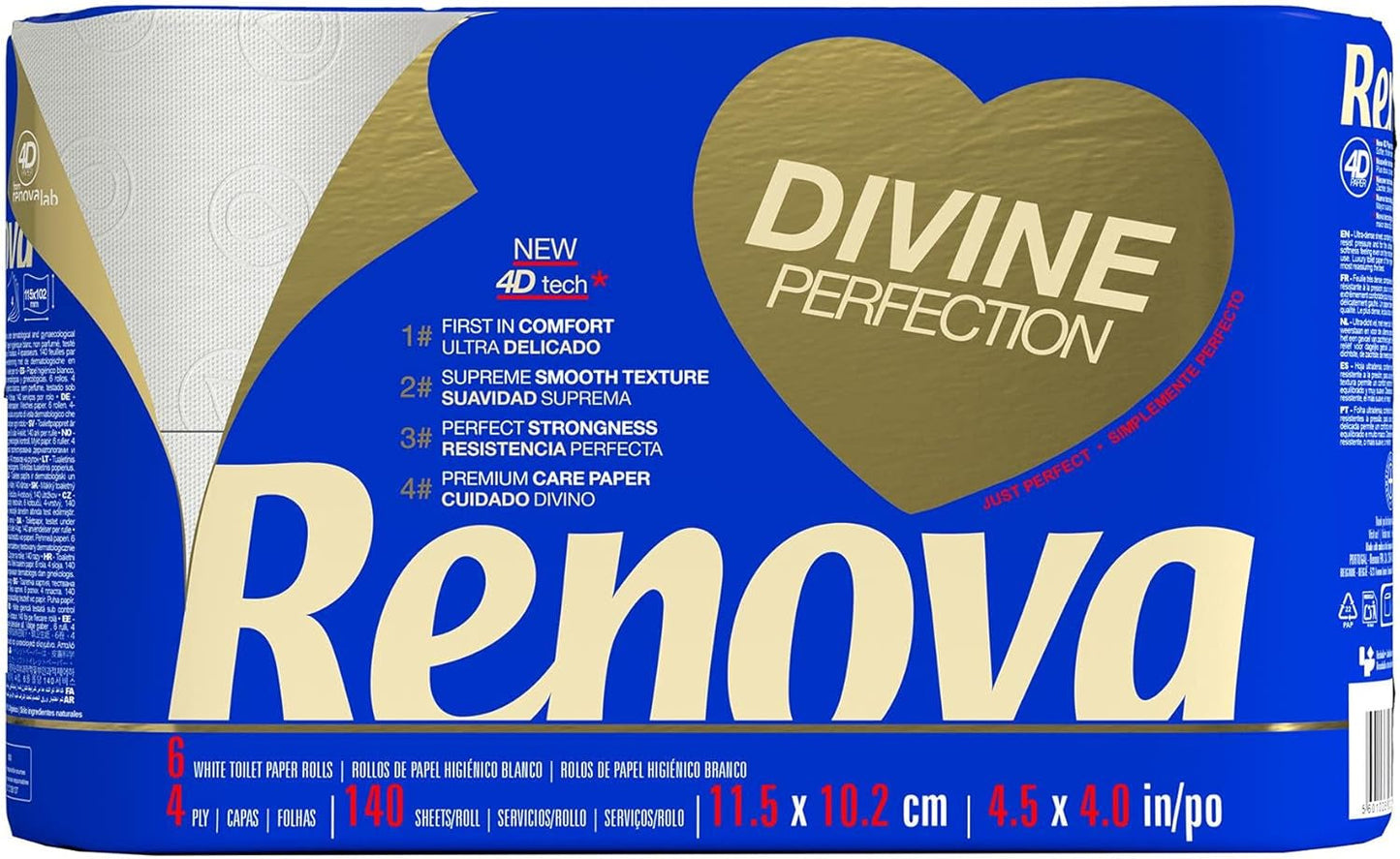 Renova Renova Divine Perfection Toilettenpapier, 42 Rollen, Premium-Toilettenpapier, 4-lagig, ultraweich, extra stark, dick, weich und saugfähig, FSC-zertifiziertes Papier, 4400 g