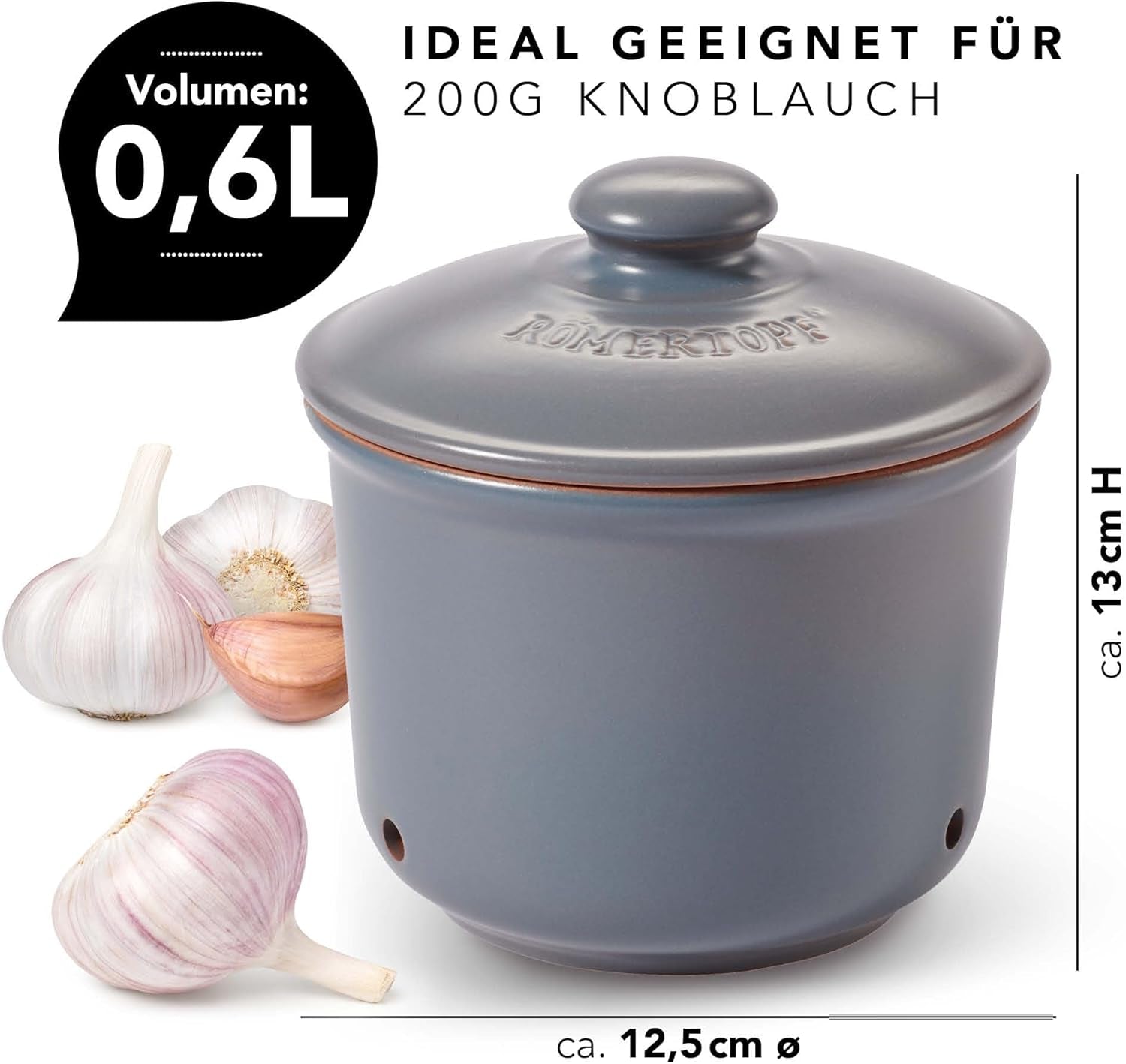 Römertopf Knoblauchtopf Frischetopf aus Naturton für eine lange Haltbarkeit von Lebensmitteln wie Knoblauch Ø 12,5 cm weiß Frischhaltedosen Naty Shop