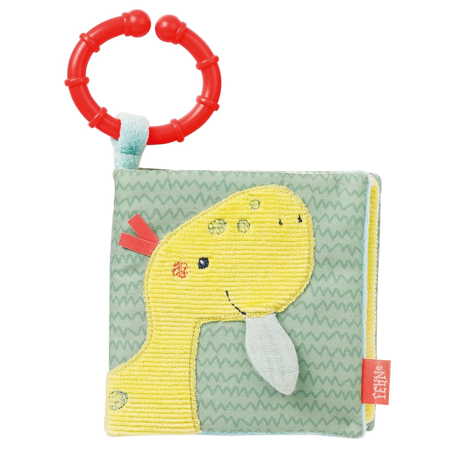 Fehn Soft Bilderbuch Bruno – weiches Babystoffbuch mit Tiermotiven – Stoffspielzeugbuch zum Aufhängen für Kinderwagen und Autositze – Popperbuch für Babys und Kinder ab 0+ Monaten Babyspielzeug Naty Shop Happy Dino