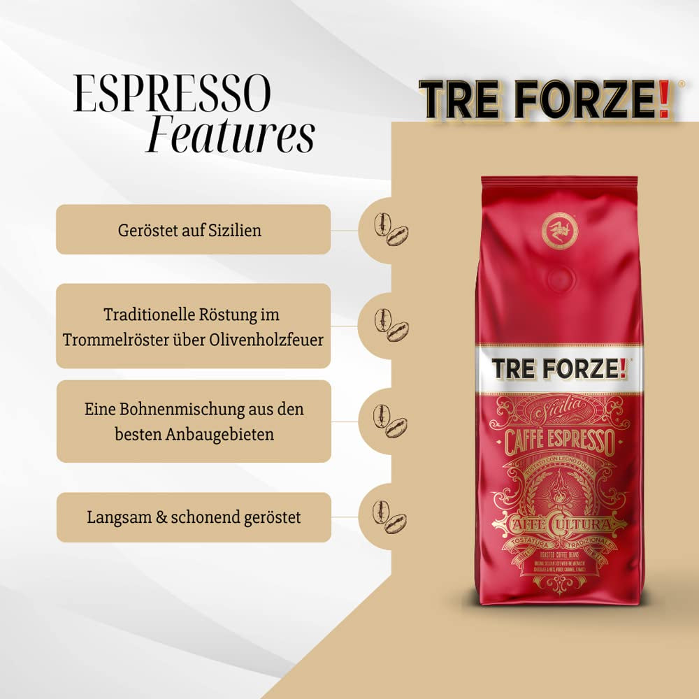 Espresso Caffè - 1kg Espressobohnen Traditionelle Röstung über Olivenholzfeuer In Handarbeit - Premium Kaffeebohnen für Vollautomat und Siebträger