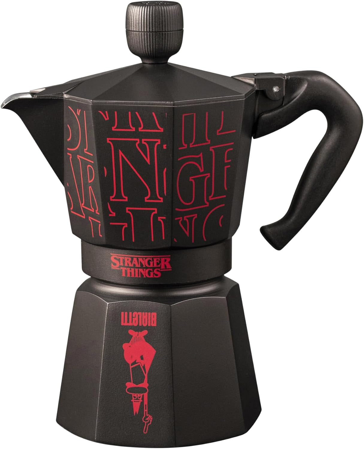 Bialetti Moka Express Stranger Things 6-Tassen-Kaffeemaschine, Musiktaste mit USB-C-Ladefunktion, nicht für Induktionsherde geeignet, 6 Tassen (270 ml), Schwarz